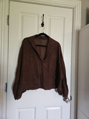 Massimo Dutti Brown Linen Button-Front Blouse